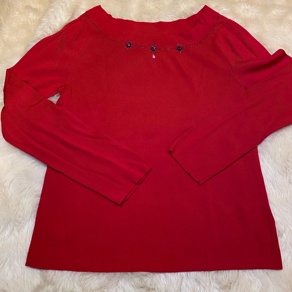 Red Beaded Neckline Long Sleeve Dress Shirt | Women | Made in Korea